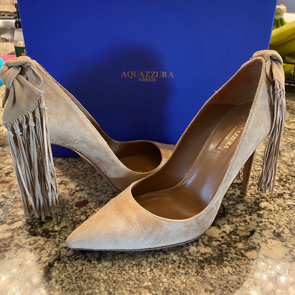 Aquazzura Tan Suede Pumps with Fringe